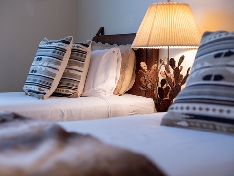 Sink into crisp linens and plush pillows designed for your ultimate relaxation. The warm bedside lamp creates a perfect reading nook after a long day of adventure.