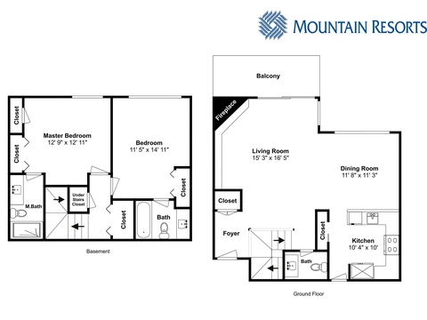 This floor plan displays two levels of your vacation rental with separate living spaces, bedrooms, dining areas, and a private balcony for relaxing outdoors.