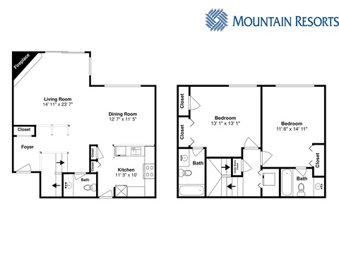 This floor plan shows a two-story layout with living and dining areas, kitchen, two bedrooms, and bathrooms—helping you visualize the space before your arrival.