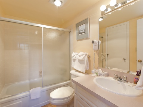 Your bathroom features a tub-shower combo, well-lit vanity, and fresh towels, all ready for your relaxing stay.