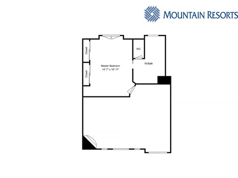 Floor plan showing a master bedroom with dual closets and ensuite bath featuring separate WC, ideal for understanding your space before arrival.