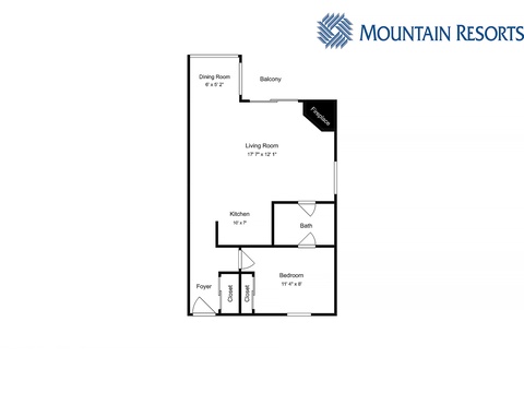 This floor plan shows your one-bedroom layout with a cozy living room, separate dining area, full kitchen, bathroom, and a balcony to enjoy fresh air.