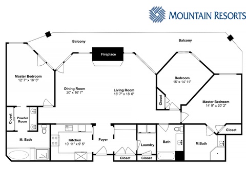 Detailed floor plan of your mountain resort condo features two master bedrooms with ensuite baths, spacious living and dining areas, cozy fireplace, full kitchen, and private balconies offering scenic mountain views.