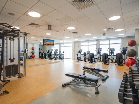 Stay energized in this bright, well-equipped fitness center with cardio machines, free weights, and strength training equipment—your workout routine doesn't skip a beat here.