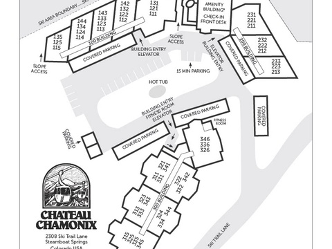 An aerial site plan of the property showing building layouts, numbered units, parking areas, a hot tub, fitness room, and ski trail access near the slopes.