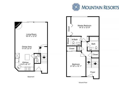 A floor plan showing a two-story vacation rental with spacious living areas, full kitchen, and three bedrooms with en-suite bathrooms for your comfort.