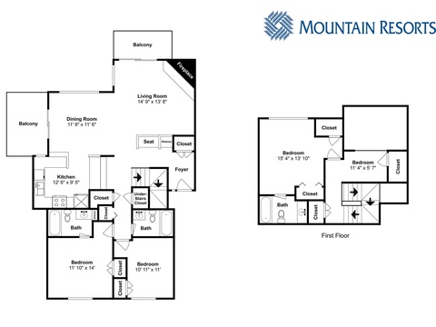 This floor plan showcases spacious bedrooms, multiple bathrooms, a full kitchen, and inviting balconies—perfect for your mountain getaway with room for everyone to relax.