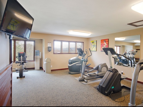 Keep up with your fitness routine in this well-equipped gym, featuring cardio machines, strength equipment, and natural light to energize your workout.
