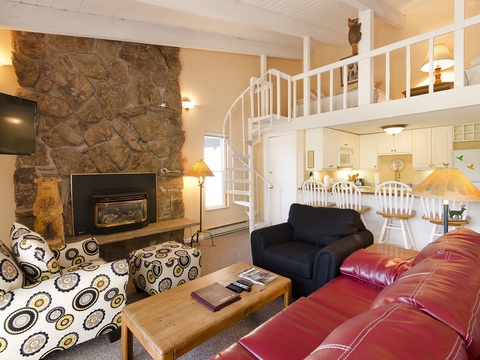 Cozy living area featuring a dramatic stone fireplace, comfortable seating, and a unique spiral staircase leading to your private loft-style sleeping area—perfect for mountain getaway memories.