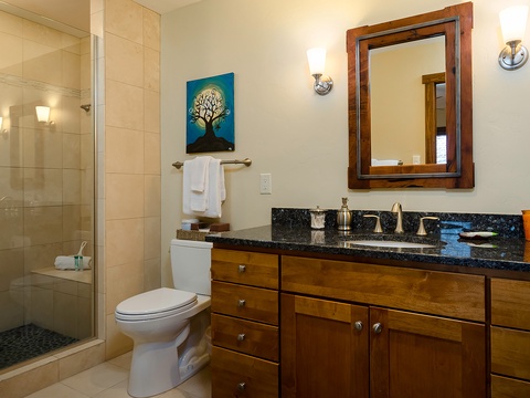 Step into your elegant bathroom featuring a spacious walk-in shower, rich wood cabinetry, and granite countertops—designed for your comfort and relaxation after a day of adventure.