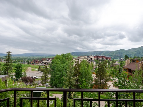 Scenic mountain vistas and lush green surroundings frame the property area, with forested peaks and a charming village setting the stage for a peaceful mountain retreat.