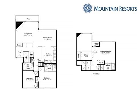 The floor plan shows a spacious layout with separate living and sleeping areas, plus your private patio for morning coffee or evening relaxation.