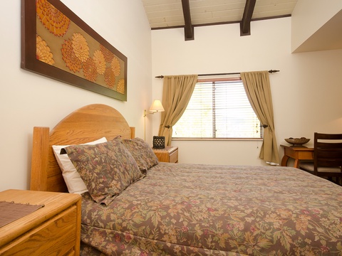 Your cozy retreat features a plush queen bed, vaulted ceilings with elegant wooden beams, warm décor, and a charming workspace—perfect for unwinding after a day of adventure.