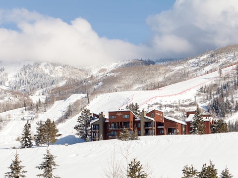 Modern slope-side residences nestled at the base of pristine ski runs, surrounded by snow-covered evergreens and alpine terrain, offering immediate access to winter recreation.