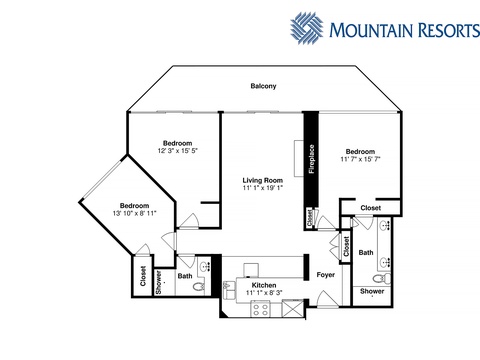 This floor plan showcases a spacious three-bedroom mountain condo with two full baths, a kitchen, living room with fireplace, and a private balcony—perfect for planning your stay.