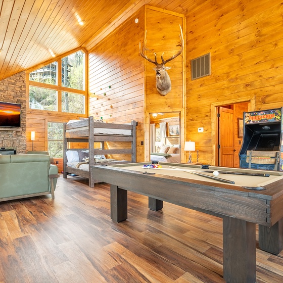 Challenge friends to pool while relaxing by your warm fireplace in this rustic loft with cozy bunk beds.