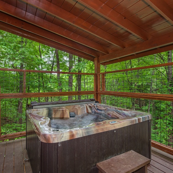 Slip into your bubbling hot tub and let the lush forest views melt your stress away.