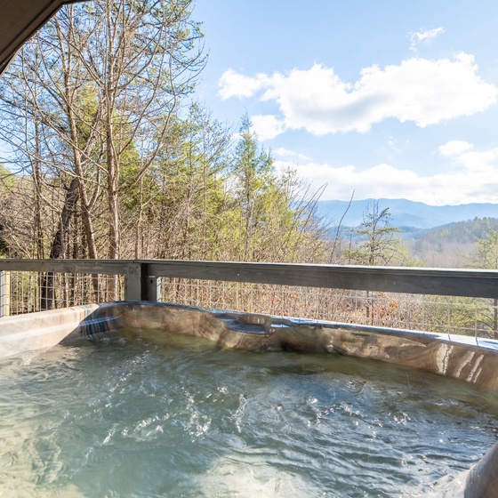 Soak away your worries in this bubbling hot tub while gazing at stunning mountain vistas through spring trees.