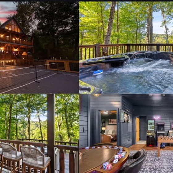 You'll find multiple entertainment spaces here—from the cozy indoor game room with foosball to the outdoor deck with hot tub and tennis court. Sunset lights and forest views create a serene escape for your group getaway.