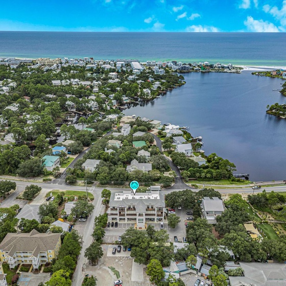 Scenic aerial view just minutes from the public beach and Eastern Lake.