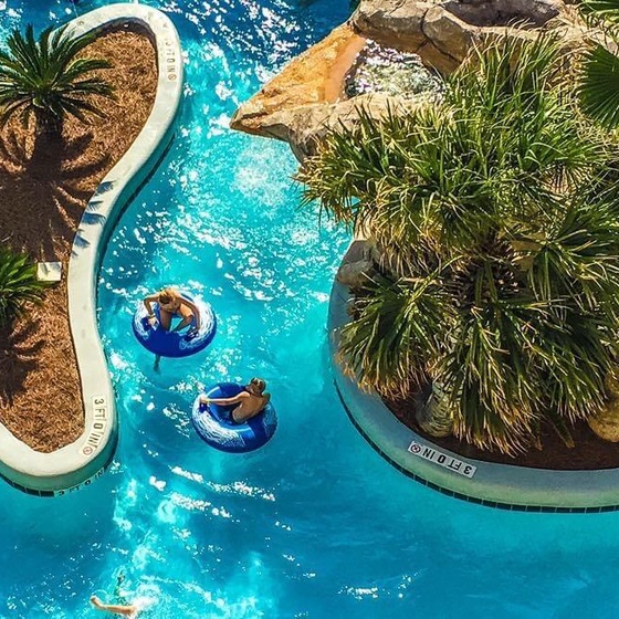 Aerial view of the Waterscape swimming pool with tropical palm-lined islands and floating guests on inner tubes.