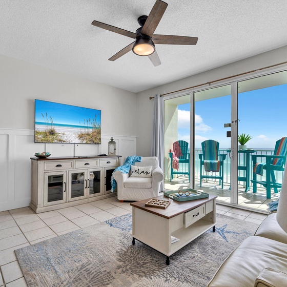 Welcome to Gulf Dunes 605 - Emerald Destiny - coastal living room with beach views from your private balcony.