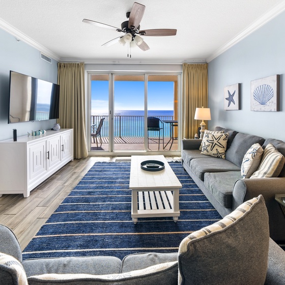 Relax in your coastal haven where ocean blues meet your spacious living room, complete with stunning sea views from your private balcony.