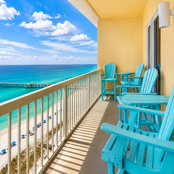 Sip your morning coffee from these turquoise Adirondack chairs while watching the endless ocean stretch before you.