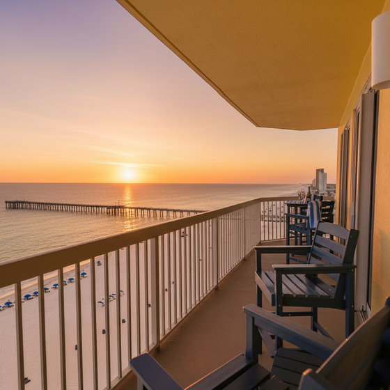 Oceanfront balcony with stunning sunset views over pristine beach and fishing pier.