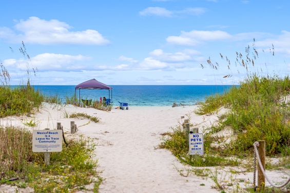 Sandy pathway leads through coastal dunes to pristine turquoise waters where beach relaxation awaits under sunny skies.