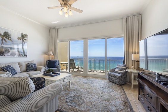 Expansive open concept living area with breathtaking beach views