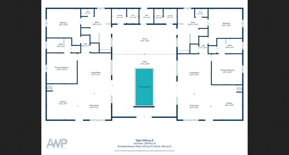 This 2,954-square-foot layout mirrors two private units around a shared pool and patio, offering flexible space for families or groups traveling together.