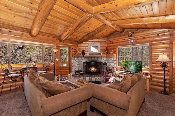 Living Room with Wood Burning Fireplace