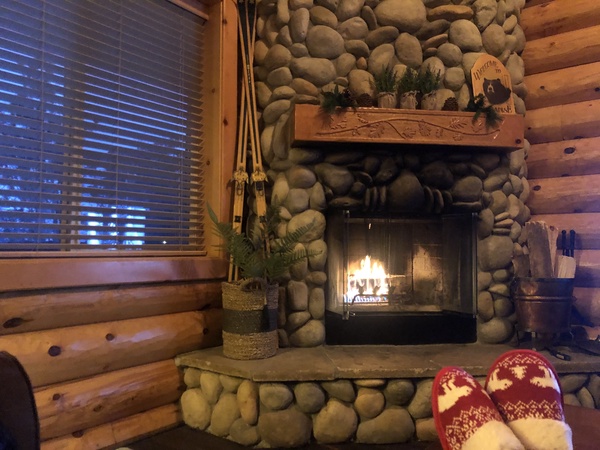Fireplace with a window view