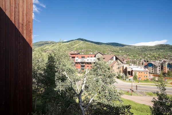 Expansive mountain views stretch across green peaks and neighboring properties, framing the property's setting in a peaceful alpine community with clear skies overhead.