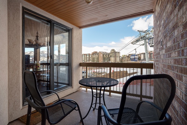 Unwind on your private balcony with breathtaking ski resort and mountain views. Sip morning coffee or evening wine at your bistro table while watching the gondola glide by overhead.