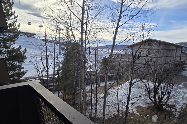 Stunning ski resort location showcases winter terrain and mountain scenery, with lifts and slopes visible through the trees, plus convenient access to the surrounding area.