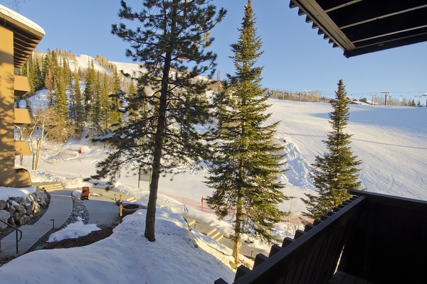Slopeside location overlooking groomed ski runs, tall evergreens, and winter mountain scenery—ideal for a ski-in experience during your alpine getaway.
