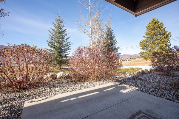 The property offers sweeping views of rolling hills and distant mountains, framed by mature evergreens and seasonal landscaping along the perimeter.