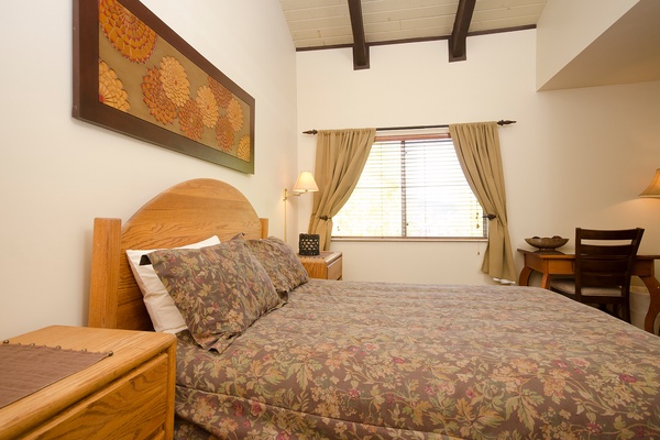 Your cozy retreat features a plush queen bed, vaulted ceilings with elegant wooden beams, warm décor, and a charming workspace—perfect for unwinding after a day of adventure.