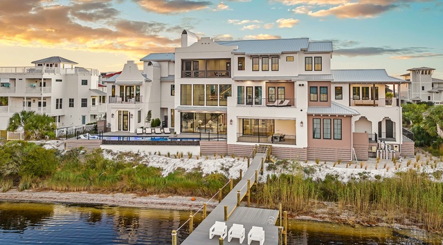 Stunning waterfront estate with private dock and expansive coastal views in an upscale neighborhood.