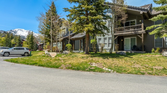 Modern mountain property nestled among evergreen trees with snow-capped peaks creating a stunning alpine backdrop for your getaway.