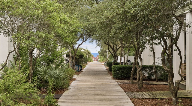 A shaded wooden boardwalk winds through lush landscaping toward the beach, flanked by white buildings and mature trees throughout the property grounds.