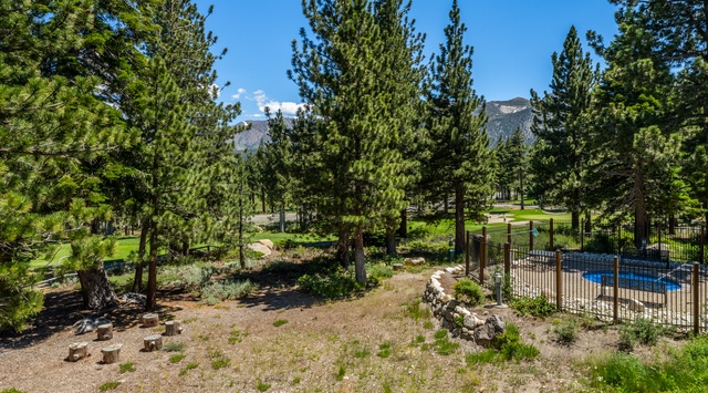 Mountain retreat with pine-shaded grounds, pool access, and scenic mountain backdrops surrounded by natural beauty and peaceful outdoor spaces.
