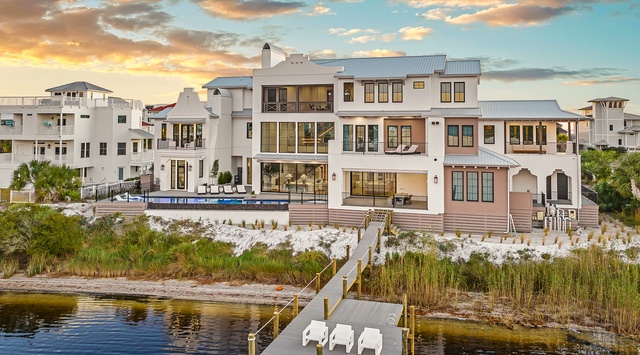 Stunning waterfront property with private dock and pool, nestled among coastal dunes in an exclusive beachside neighborhood.