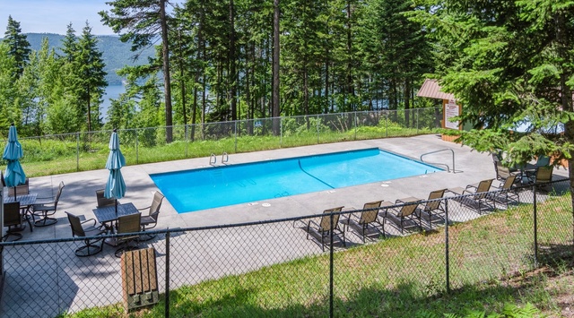 Swimming pool nestled among towering pines with mountain lake views beyond the forest.