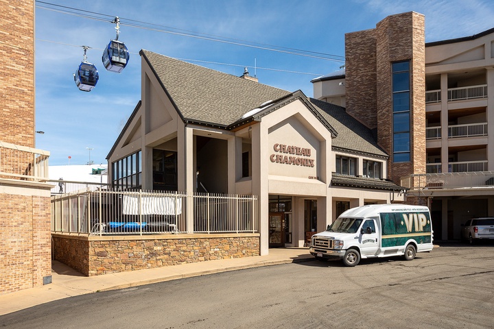 Chateau Chamonix entrance located at the base of Park City Mountain, with ski lift access and complimentary shuttle service nearby.