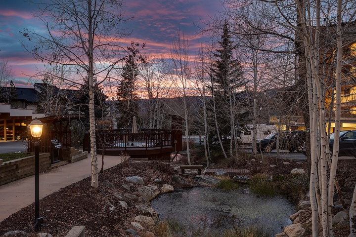 A residential neighborhood nestled among aspen and evergreen trees, framed by a stunning twilight sky painted in shades of pink and blue.