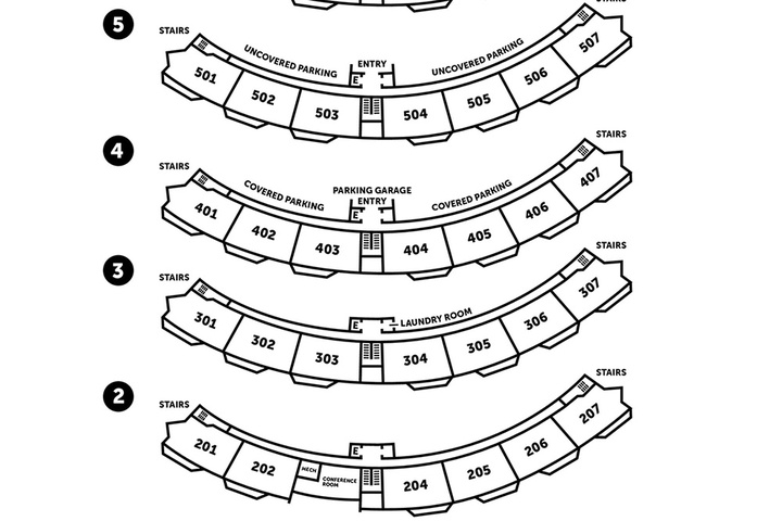 A detailed layout of the Bronze Tree Condominiums complex, showing six floors with numbered units, stairwells, parking areas, laundry facilities, pool, and entry points to help you navigate the property easily.