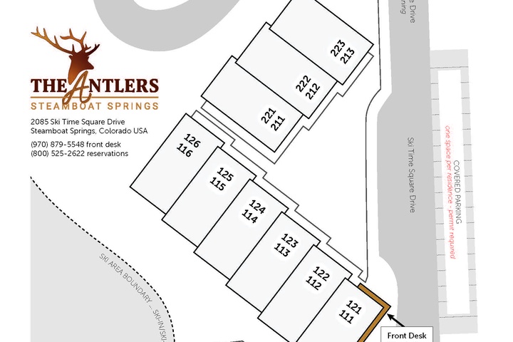 A comprehensive property map shows the layout of Antlers Steamboat Springs, highlighting guest rooms, the ski valet lounge, pool and hot tub area, and the T-Bar lounge—all set in the heart of Steamboat Springs.